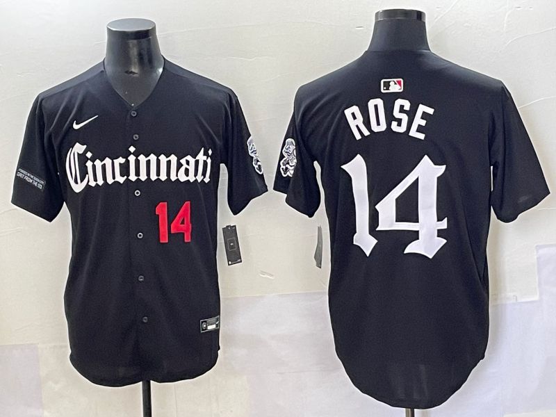 Men 2025 Cincinnati Reds #14 Rose Black Five generations Joint Name Nike MLB Jersey style 10